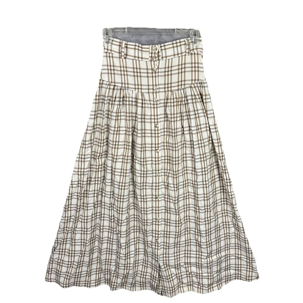 Mr. Larkin Women's S Maxi Skirt Beige Brown Plaid Button Front‎ Viscose Preppy